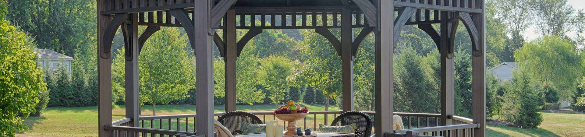 Dark wooden outdoor gazebo